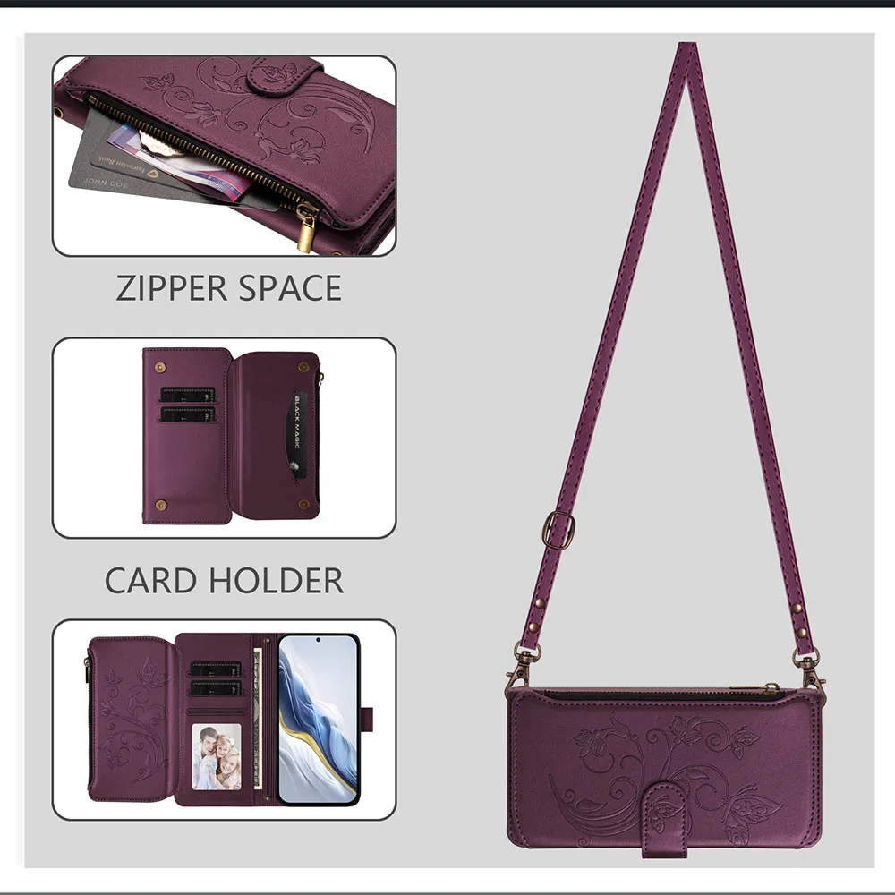 Multi Card Slot Wallet Case with Zipper Cover and Long Lanyard