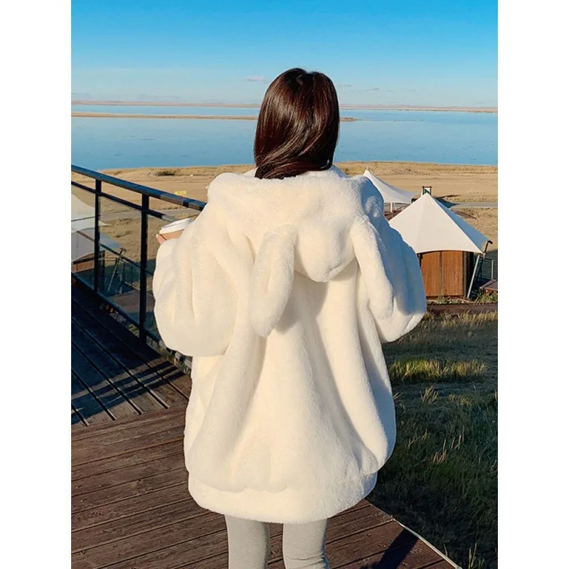 Coat Women's Pure White Thick Warm Cartoon Rabbit Ear Shape Loose Casual Cute Lamb Wool Long Sleeve Temperament Commute Comfort