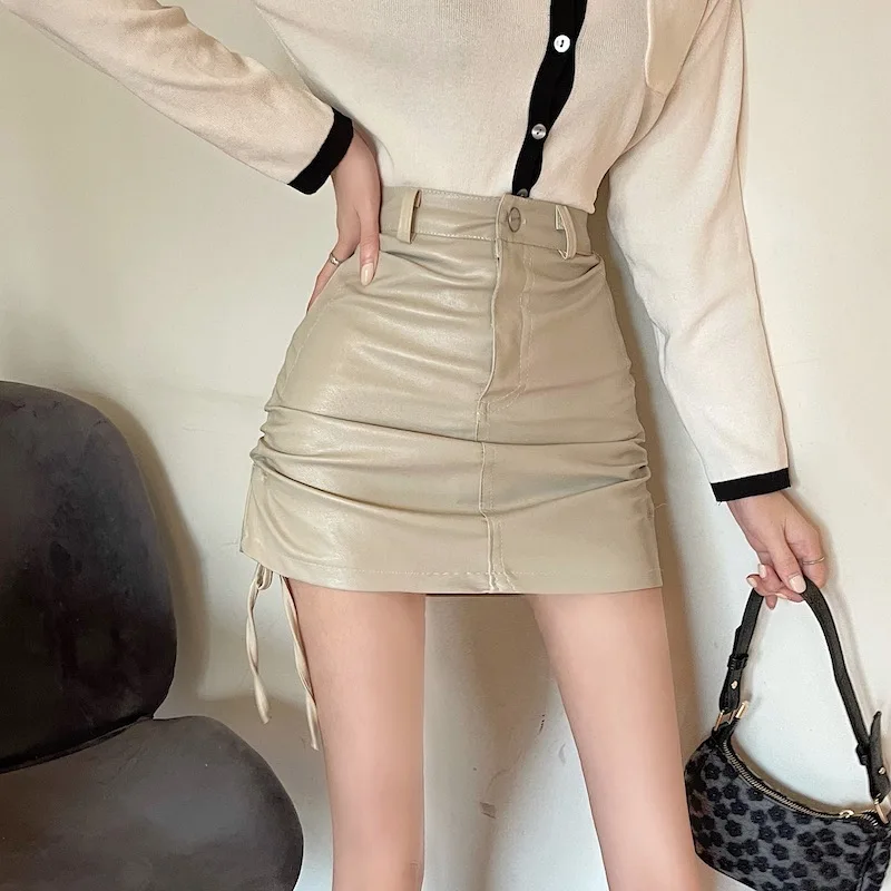 Hzirip Drawstring PU Women Mini Skirts Plus Size Sexy Autumn Chic All Match Party Slim 2021 Prom Casual High Waist Office Lady skirts for women