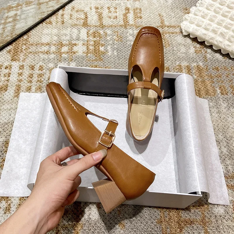 

Туфли Мэри Джейн из воловьей кожи на высоком каблуке с квадратным носком, Нескользящие, Т-образный ремешок, пряжка, Корейская версия, Ретро стиль, черные