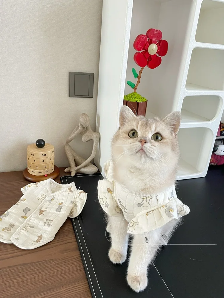 따뜻한 면 가디건 애완동물 조끼 (새끼 고양이와 소형견용) 테디 스타일 가을 겨울 홈웨어 귀여운 동물 무늬 애완동물 옷