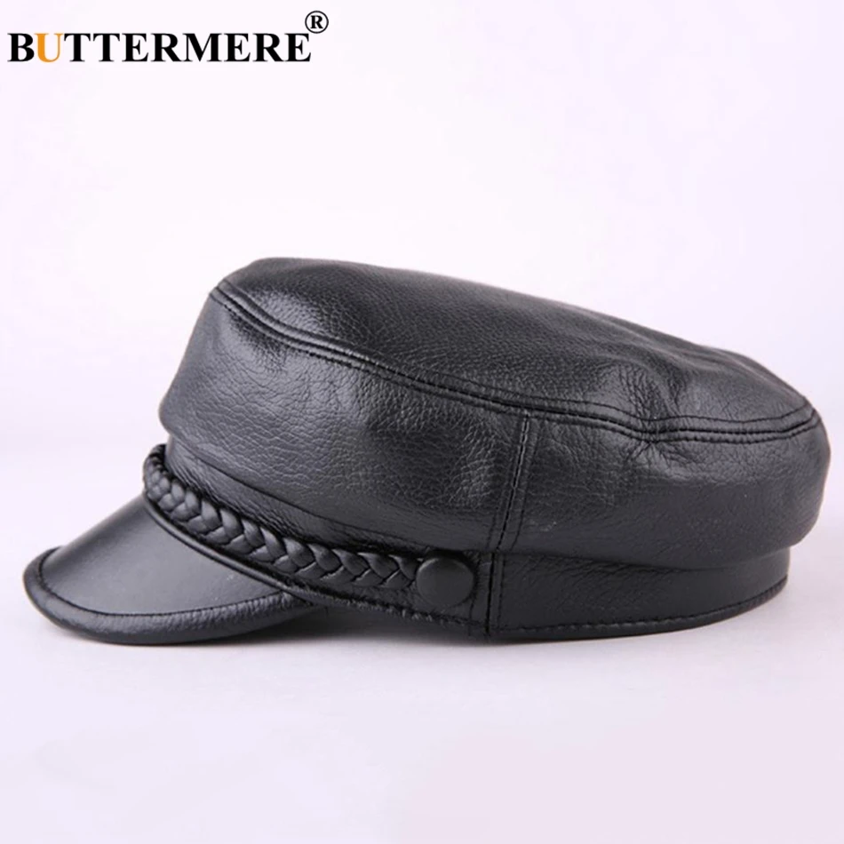 BUTTERMERE Women Newsboy Hats Black Leather Flat Caps Ladies Casual Genuine Sheepskin Leather Winter Classic Painter Caps Sailor