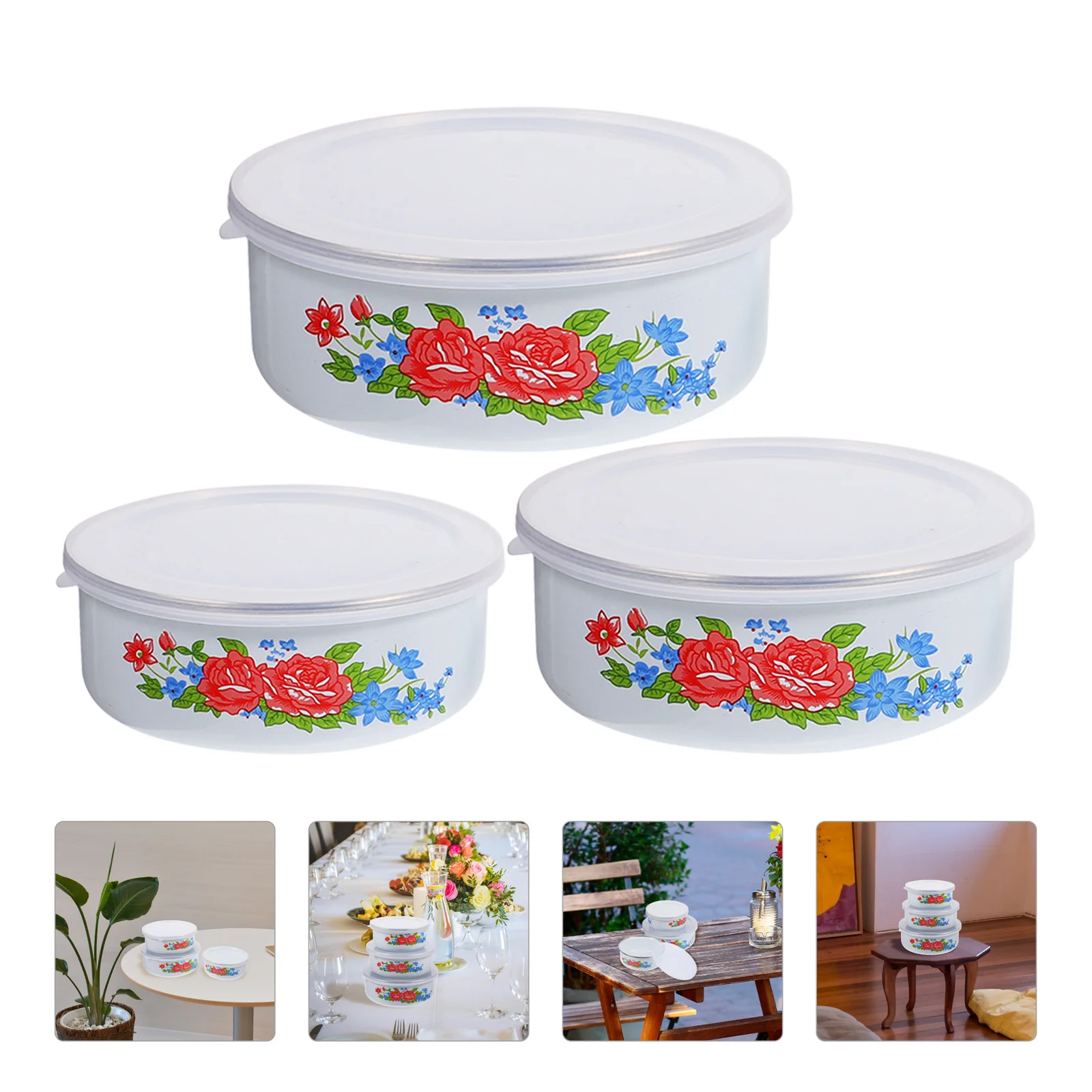 

3 Pcs Fresh-keeping Enamel Bowl Chinese Wedding Dish Metal Container with Lid Office Worker Lunch Soup