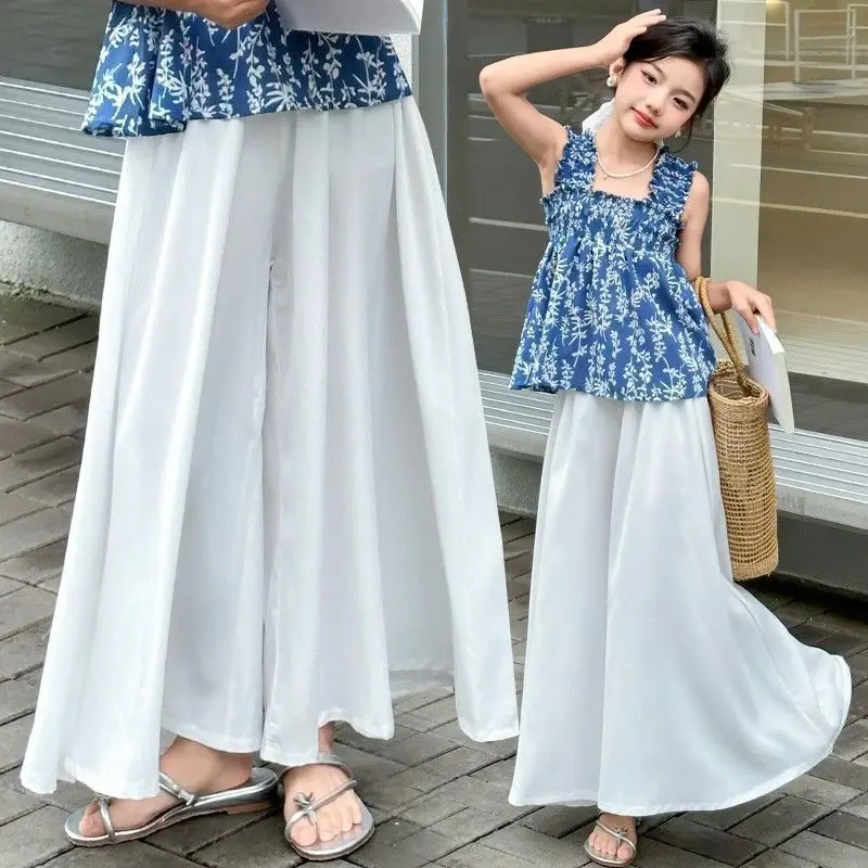 2025 GREEN summer Teenager Girls Children ice silk wide leg loose dance retro Pants 5 8 10 12 14 Years Baby Trousers Kids 3