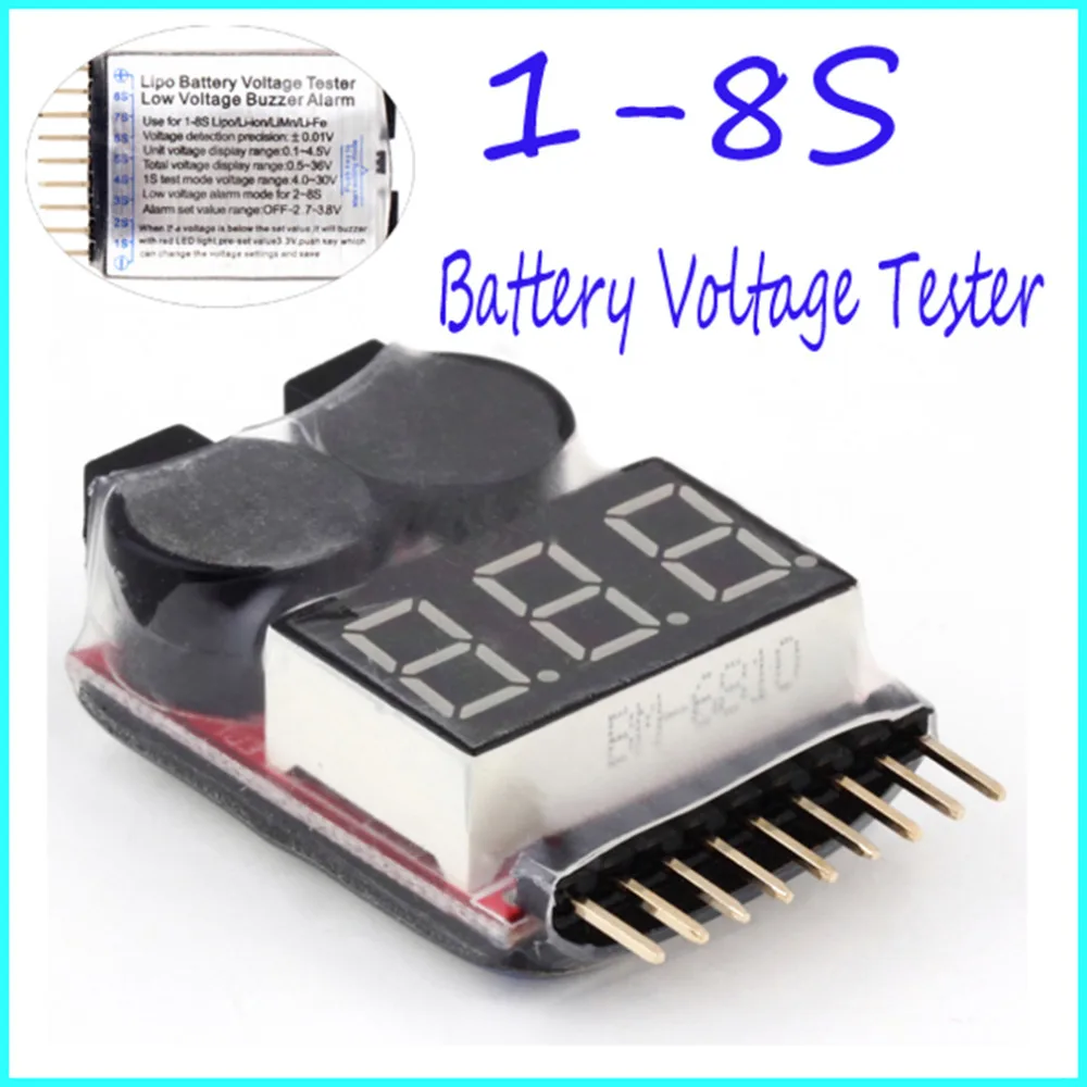 

for 1-8S Lipo/Li-ion/Fe RC Helicopter Airplane Boat etc Battery Voltage 2IN1 Tester Low Voltage Buzzer Alarm Indicator Checker