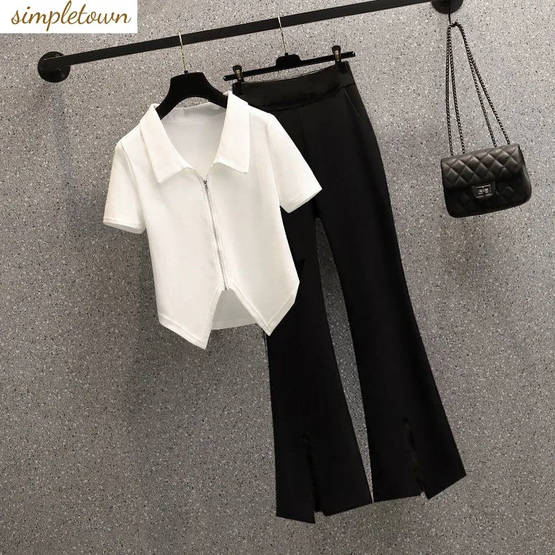 Large Women's 2024 Spring/Summer New Polo Neck Design Sense Top Slim Slim Slim Slim Pants Two Piece Set