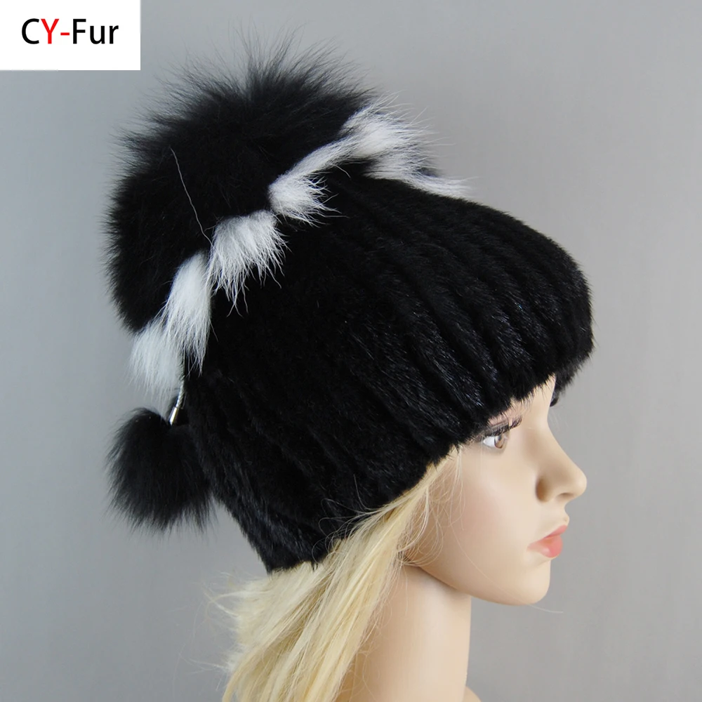 

Luxury Outdoor Warm Windproof Earflap Trapper Snow Ski Caps Woman Autumn Winter Mink Knit Bomber Hat Thick Female Fluffy Pompom