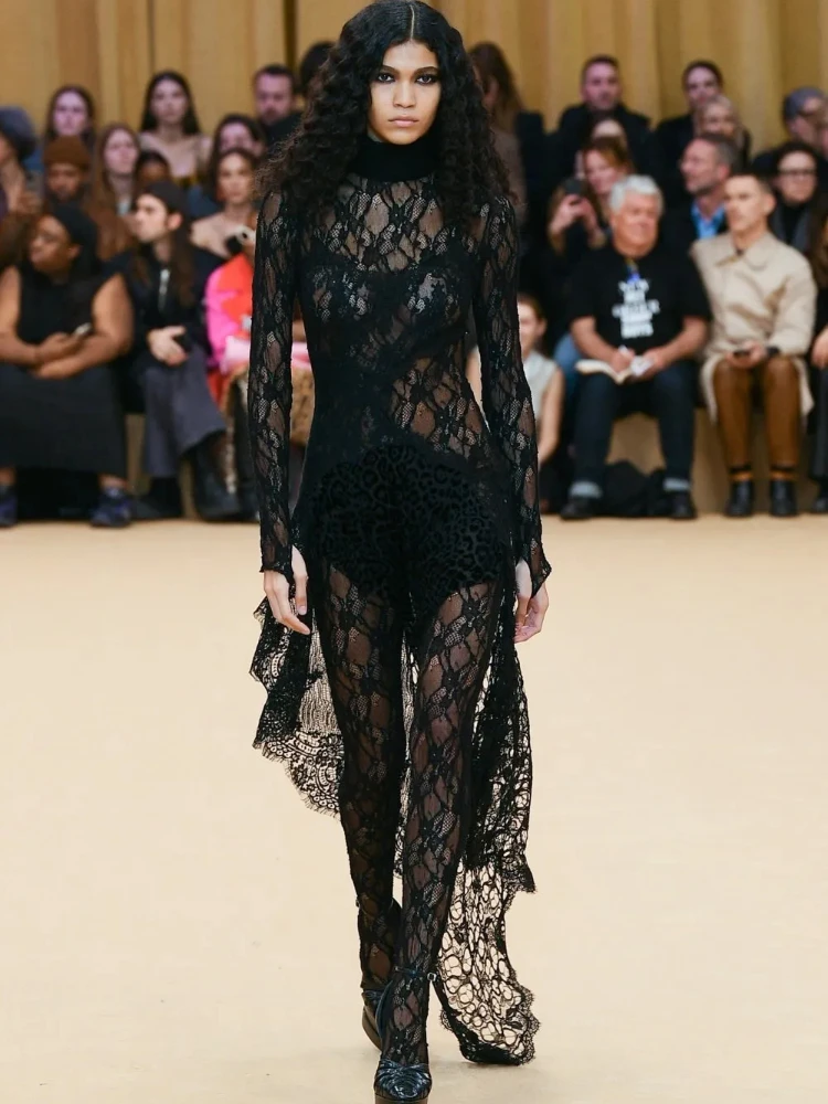 

BEVENCCEL 2023 Women's Sexy High Quality Black Lace Jumpsuit Women's Fashion Ruffle Edge Design Long Sleeve Slim Fit Bodysuit