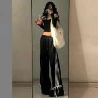 Plus Size Y2K Trousers 300lbs: Four Stripes Design Wide Leg Trousers, Adjustable Waist Bow, Straight Cut Casual Pants for Women - Image 4
