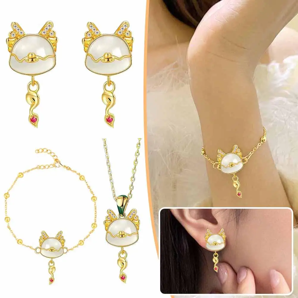 

Chinese Style Fashion Earring Necklace Beaded Bracelet For Women Lovely Dragon Shaped Pendant Jewelry 2024 New Year Gift P6B5