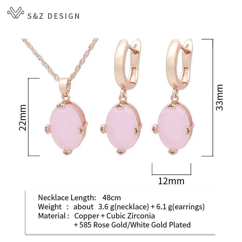 S&Z DESIGN New Fashion Oval Pink Cubic Zirconia Drop Earrings Pendant Necklace Jewelry Sets For Women Girl Elegant Jewelry
