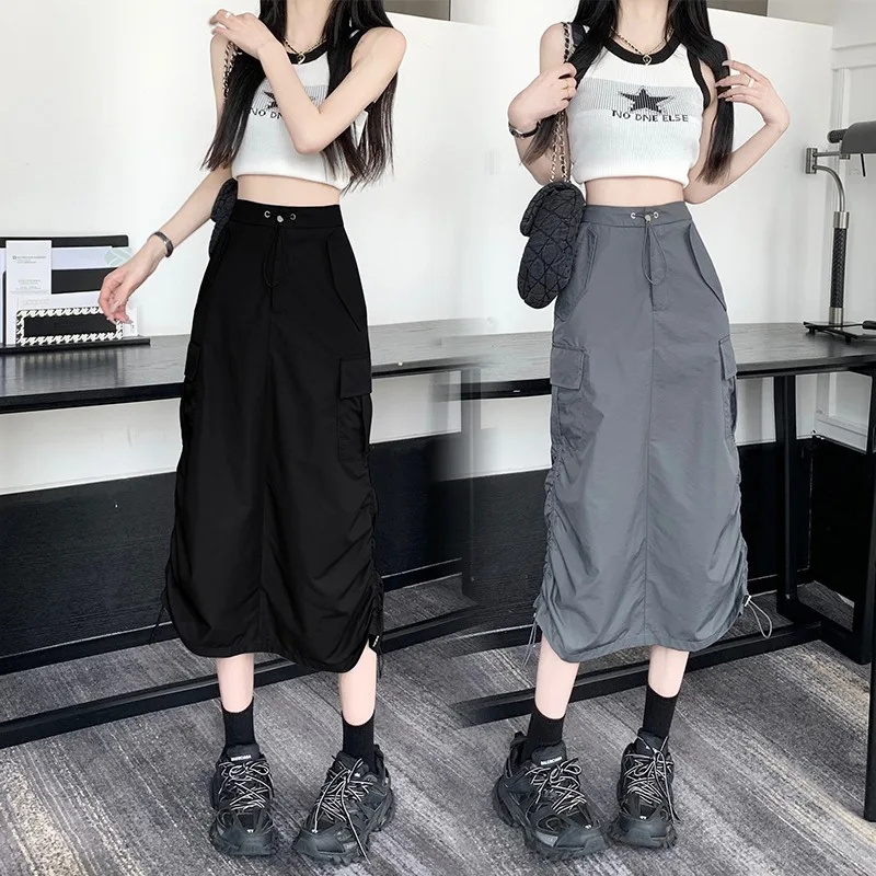 아메리칸 스타일 하이 웨이스트 A 라인 작업복 Drawstring 스커트 여성 여름 중간 길이 우산 하프 스커트 2024 새 모델 