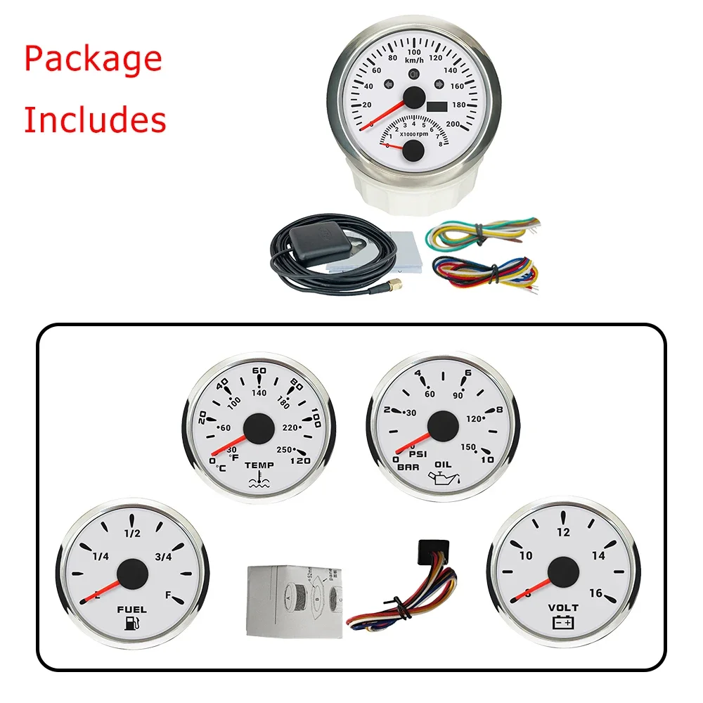 

ELING 5 Gauge Set 85mm GPS Speedometer 120KMH 200km/h with Tachometer + 52mm Water Temp Oil Pressure Fuel Level 8-16V Voltmeter