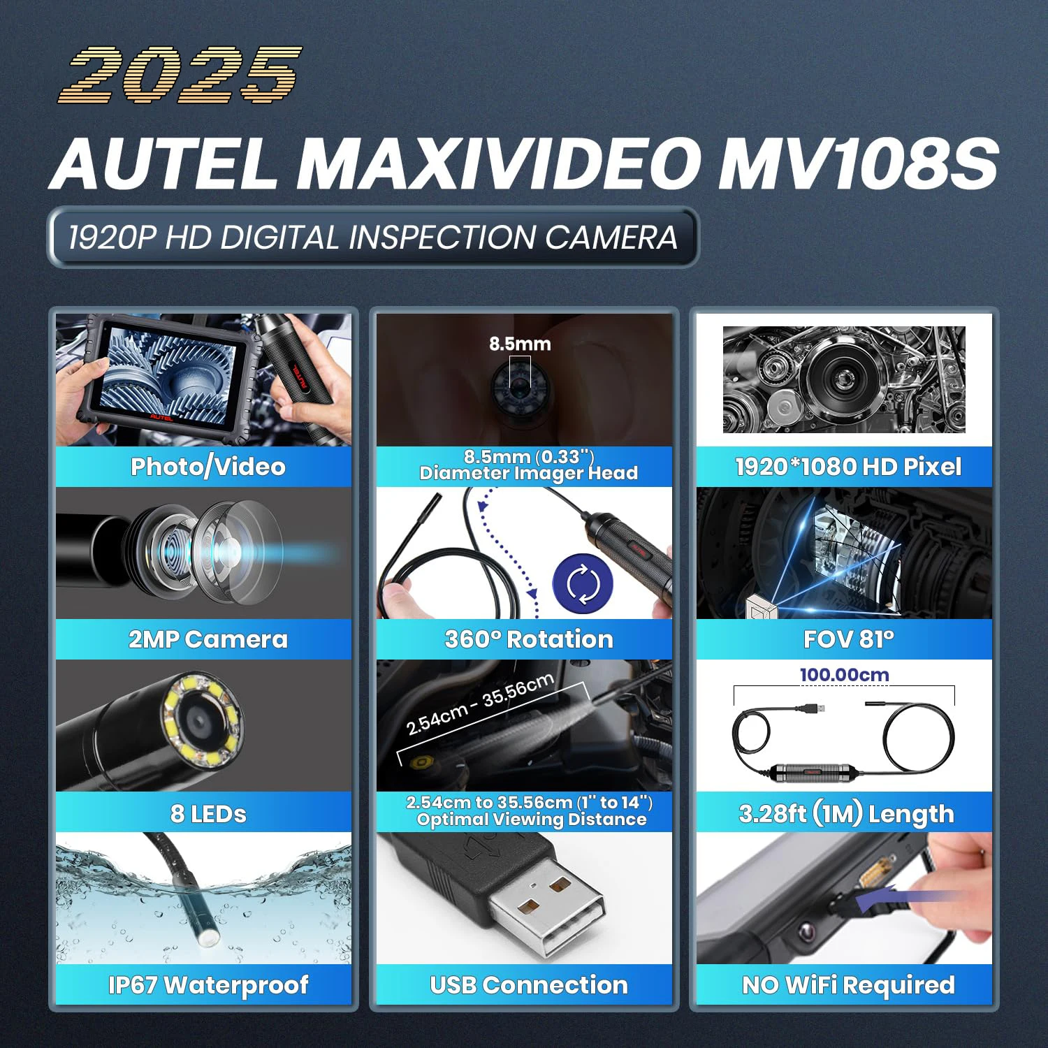 Autel MaxiVideo MV108S 8.5mm HD Digital Inspection Camera For MaxiSys Pro And PC Support Video Inspection E Image Head Powerful 3