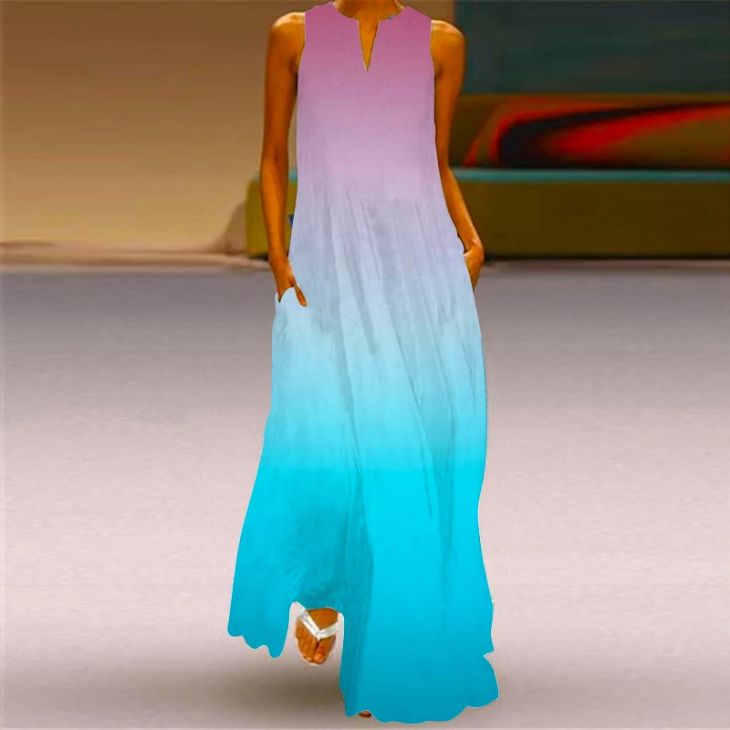 

New Lady Spring Summer Womens Dress Sleeveless Gradient Print Elegant Long Dresses For Women 2024 Party Beach Women Dress