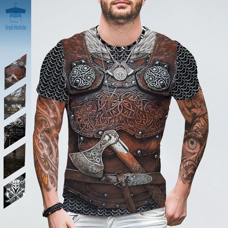 T-Shirt da Uomo a Manica Corta Viking Tattoo T-Shirt Casual con Stampa Digitale 3D Girocollo alla Moda