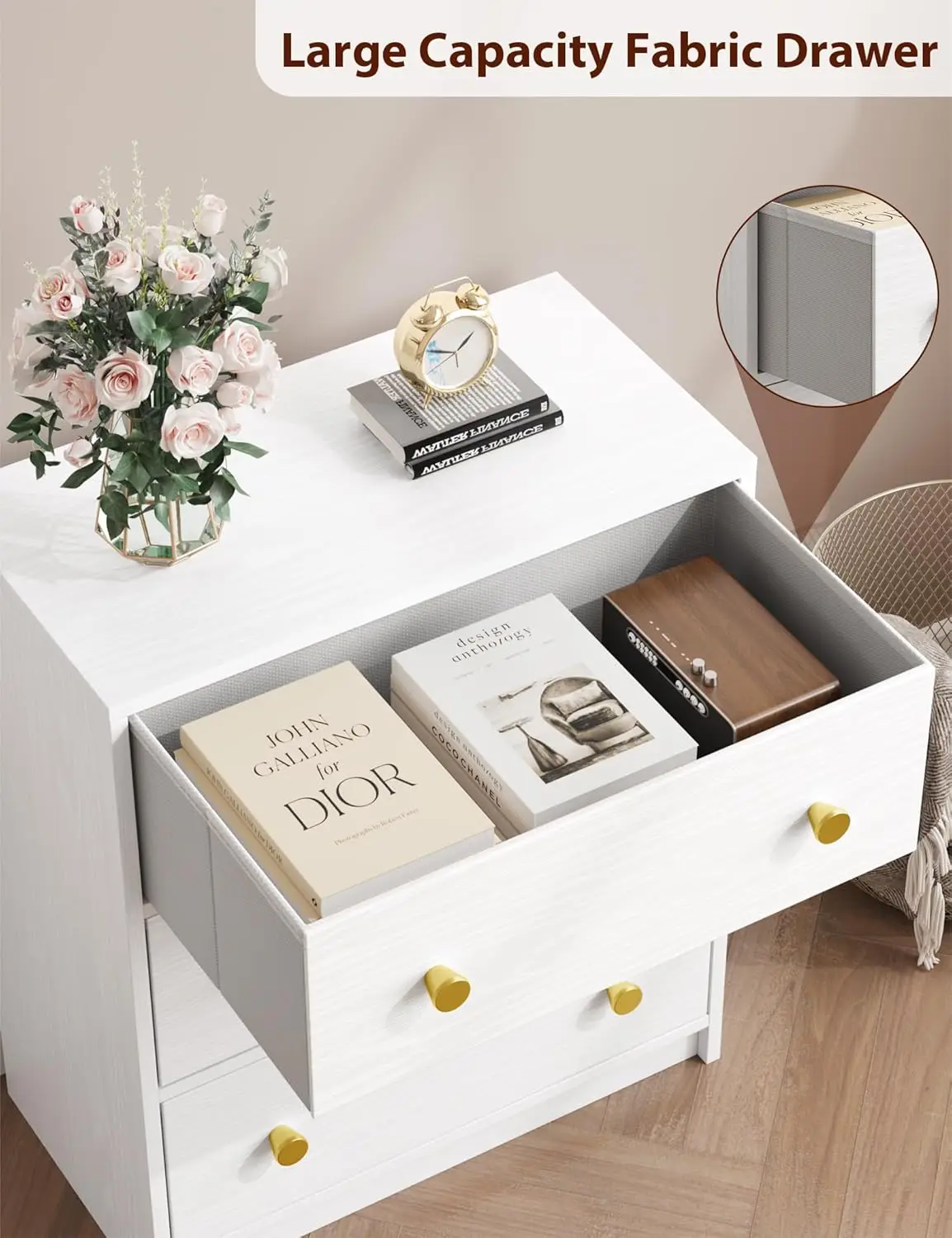 3 Drawer Dresser, White Nightstand for Bedroom with Fabric Drawers, Small Dresser Bedside Table Chest of Drawers for Be
