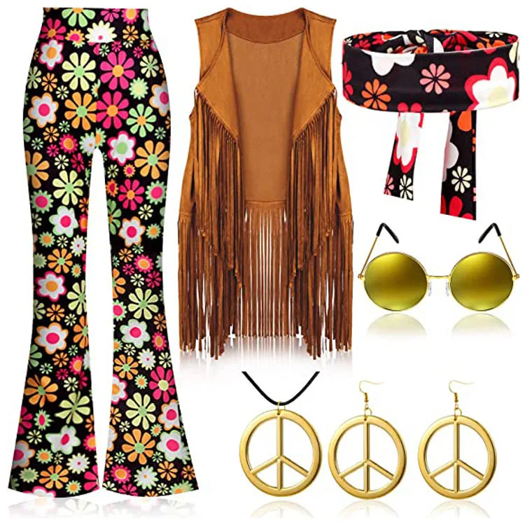Set Hippie De 5 Piezas Para Disfraz Mujer - Collar Peace, Gafas Flower Power Y Accesorios De Los Años 70, Ideal Para Fiestas Y Carnaval