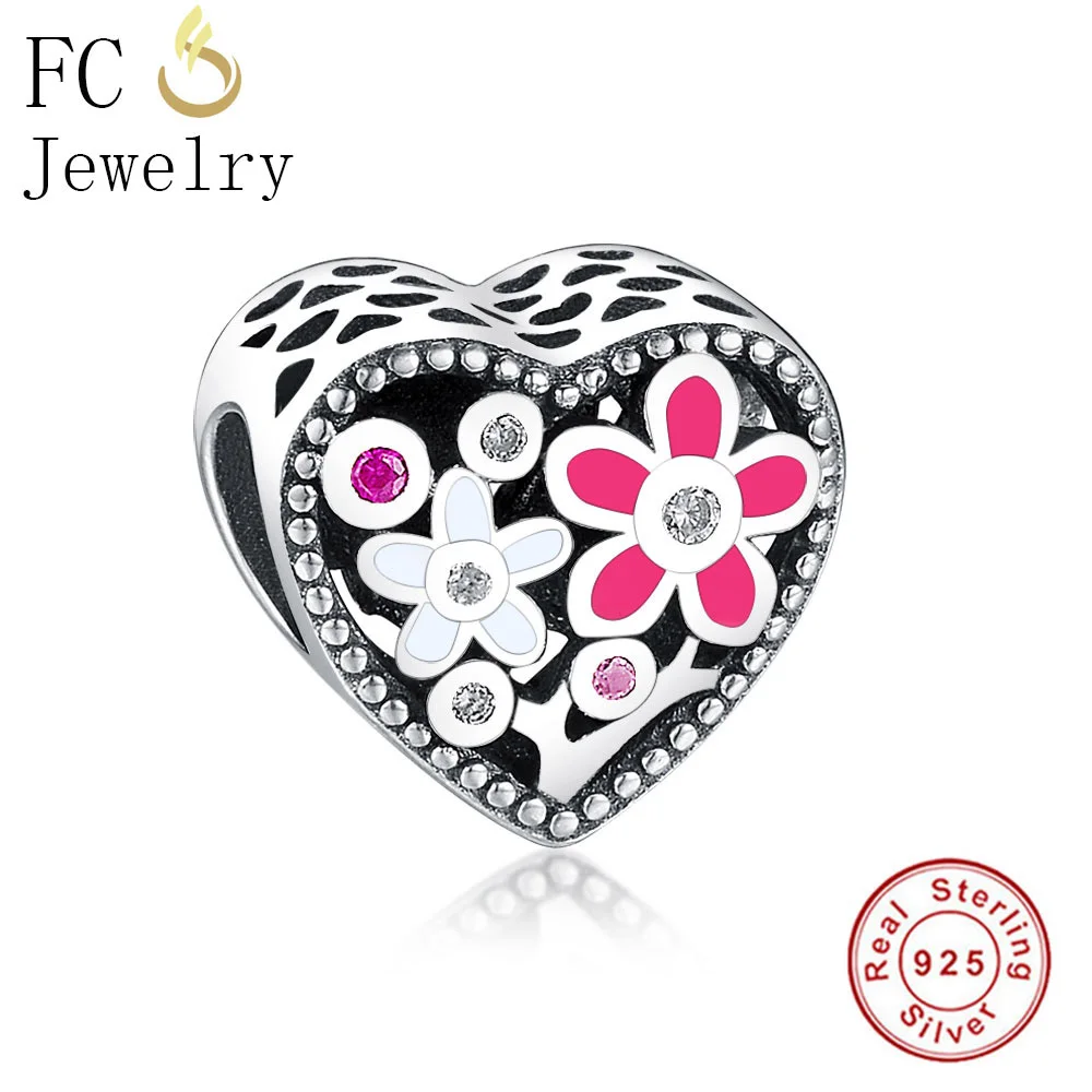 

FC Jewelry Fit Original Brand Charms Bracelet 925 Sterling Silver Heart Pink White Enamel Flower CZ Stone Beads Making Berloque