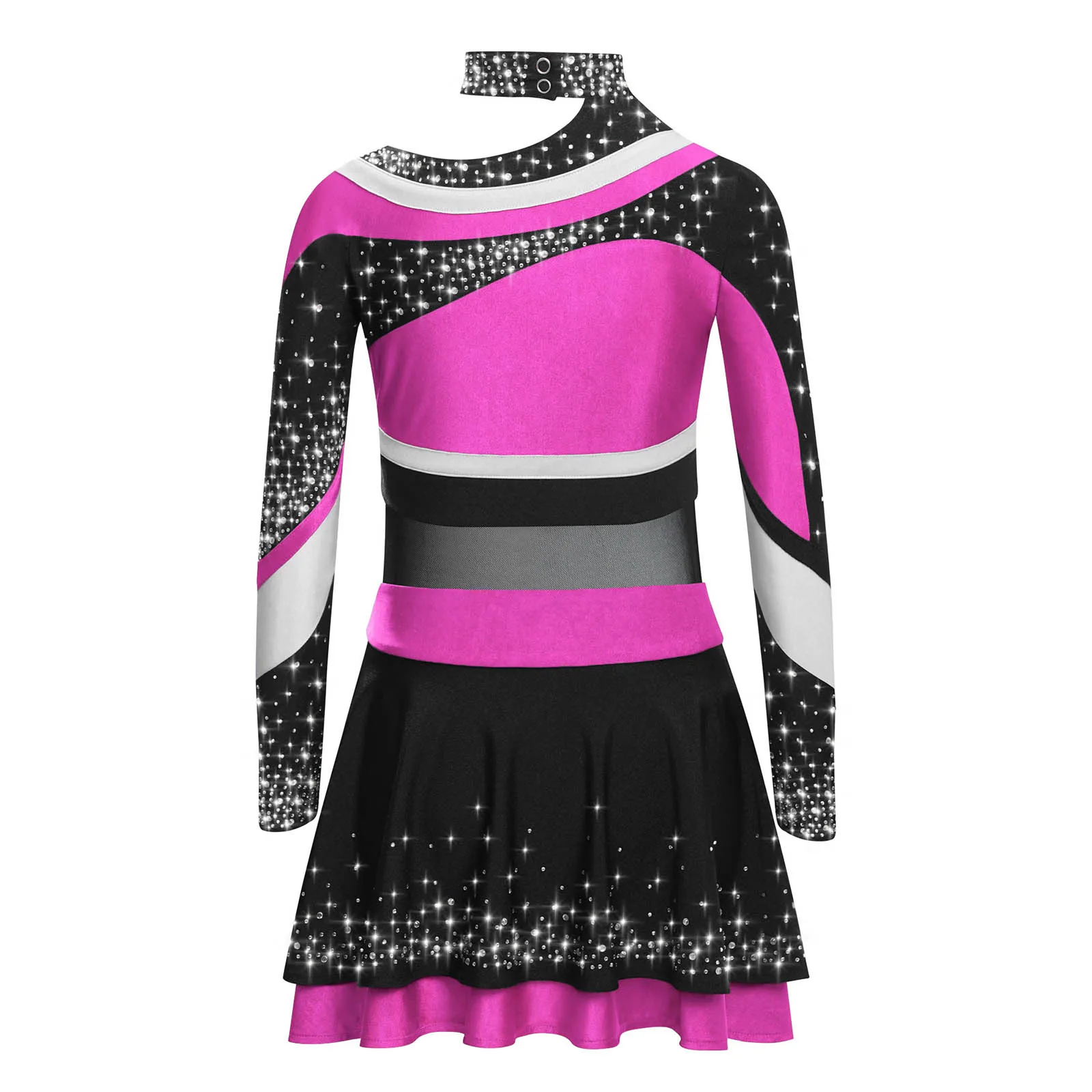 Cheerleading-Outfits für Kinder und Mädchen, Cheerleader-Tanz-Performance-Kostüm, langärmlig, mit Buchstaben-Aufdruck, glänzendes Strass-Oberteil mit Rock – Detail 5