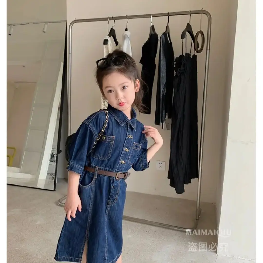Spring summer baby children kids girl Belt denim casual cotton dresses Children's clothes