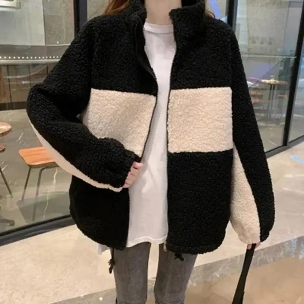 

Winter Coat Women Colorblock Stand Collar Fleece Long Sleeve Zipper Closure Cardigan Windproof Cold Resistant Pockets Lady Coat