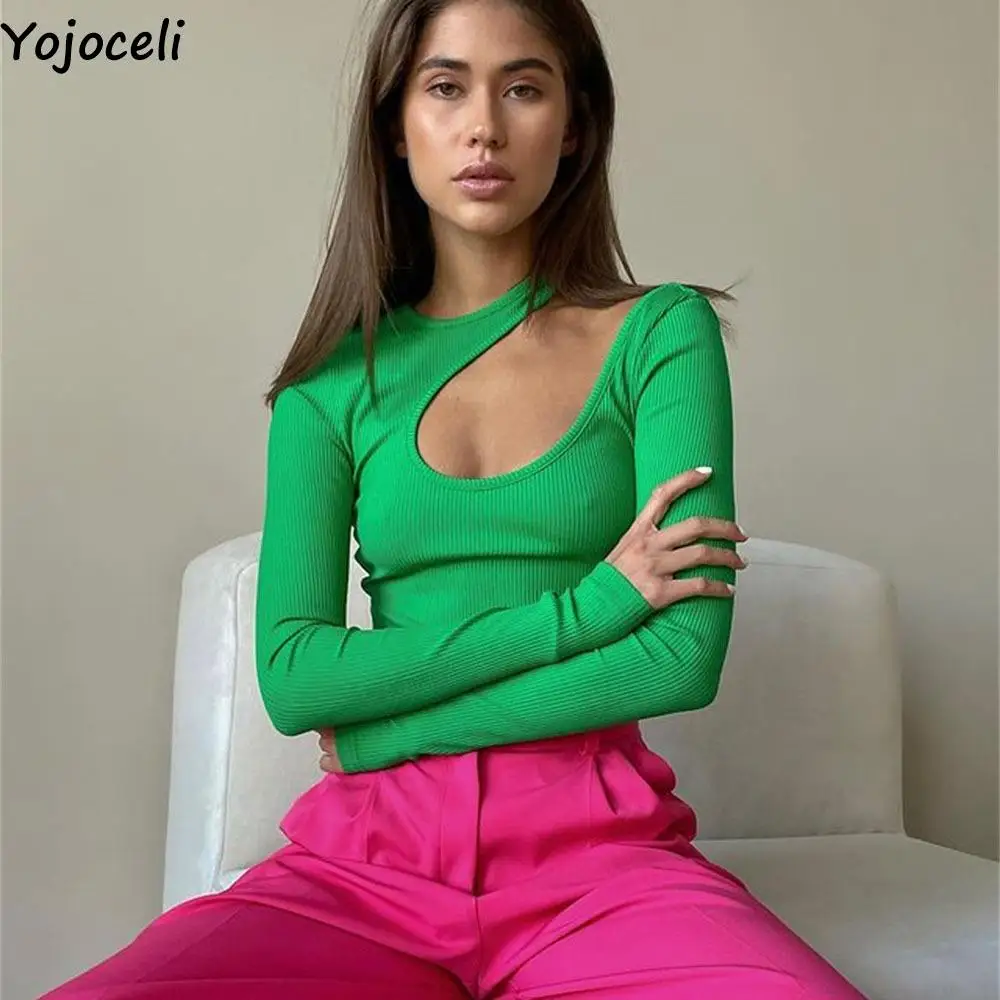 

Yojoceli Autumn women halter casual bodysuit Sexy hollow out green elegant jumpsuit romper Basic fashion overalls