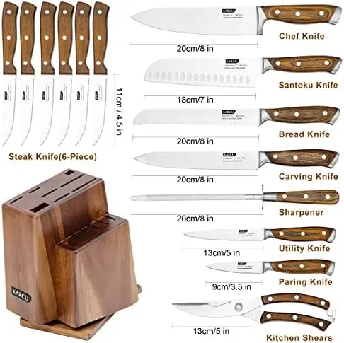 Knife Set, 15-Piece Kitchen Knife Set with Block Wooden German Stainless  Steel