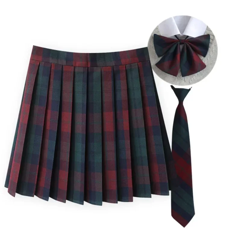 Women Summer Plaid Pleated Skirt With Necktie Bowtie Korean Jk Skirt Uniform Japanese School Preppy A Line Mini Skirts 6