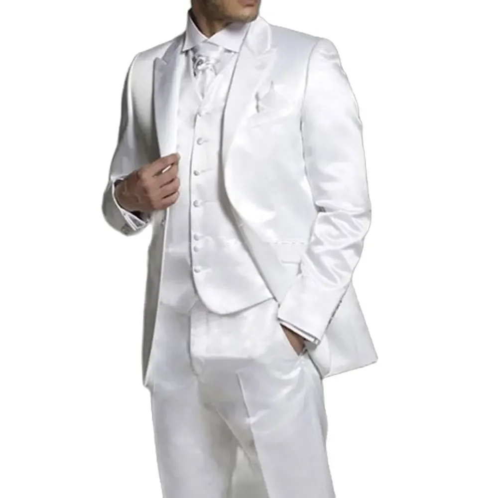White Satin Men Suits for Wedding Groom Tuxedos Peaked Lapel Formal Set Jacket Vest with Pants