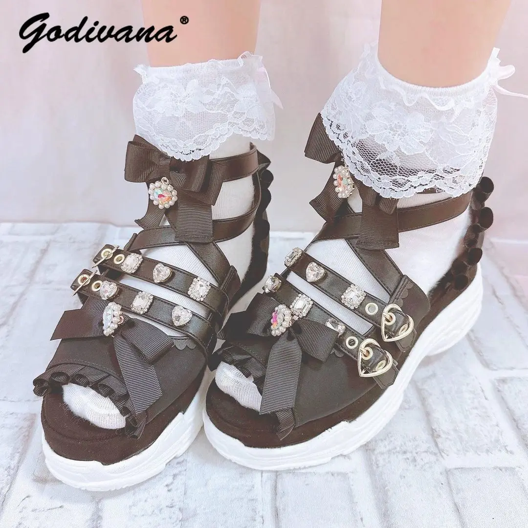Two-Way Detachable Bow Women Girls Sandals Heart Shape Rhinestone Lolita Mine Style Platform Height Increasing Japanese Sandals