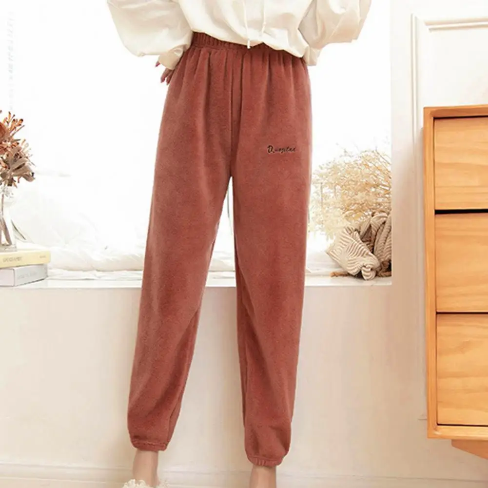 

Women Winter Pants Thickened Coral Fleece Solid Color Loose Ankle-banded Warm Elastic Waist Homewear Pajama Pants Long Casual Tr