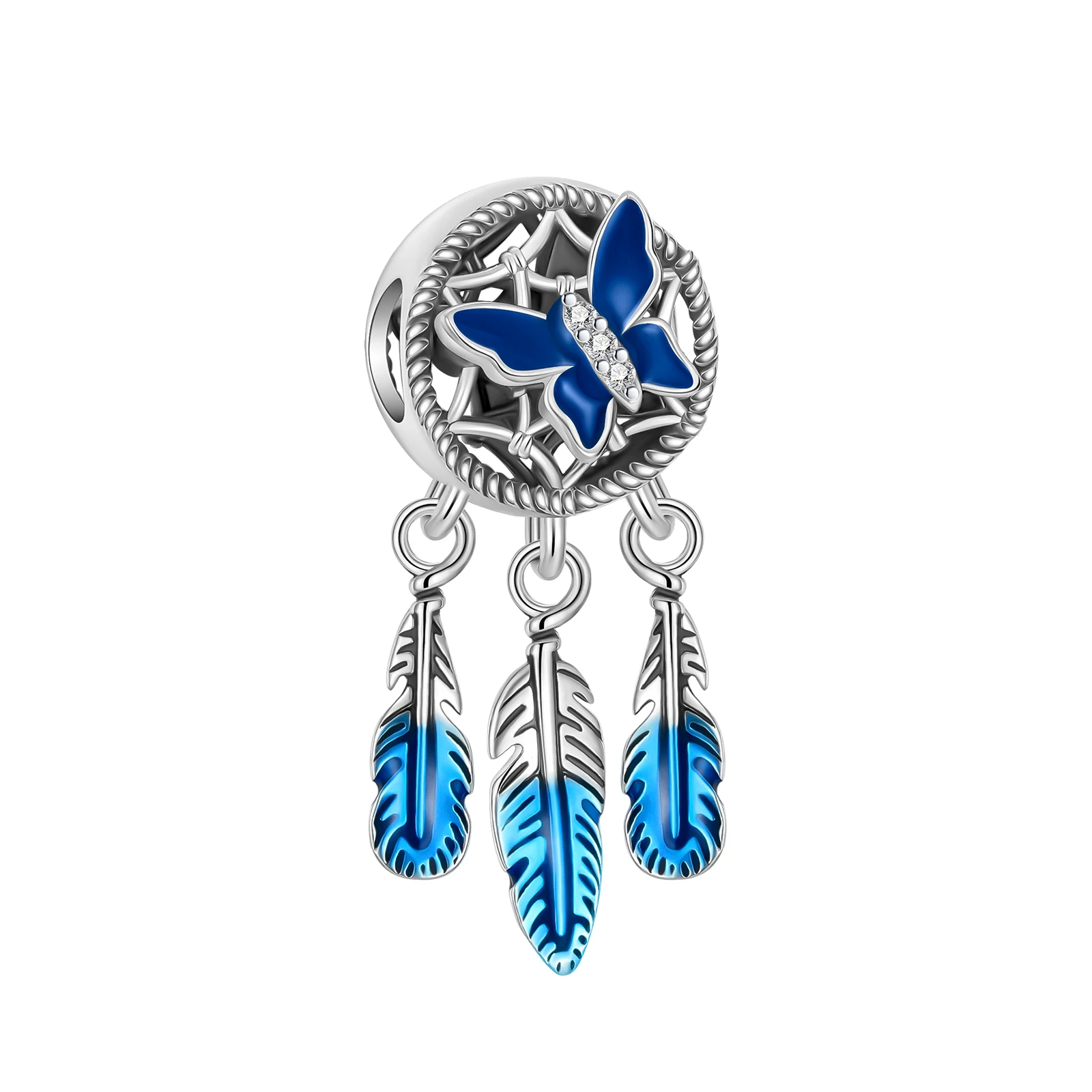 

925 Sterling Silver Dream Catcher Blue Feather Butterfly Charm Fit Original Pandora Charms Bracelets Women DIY Jewelry Making