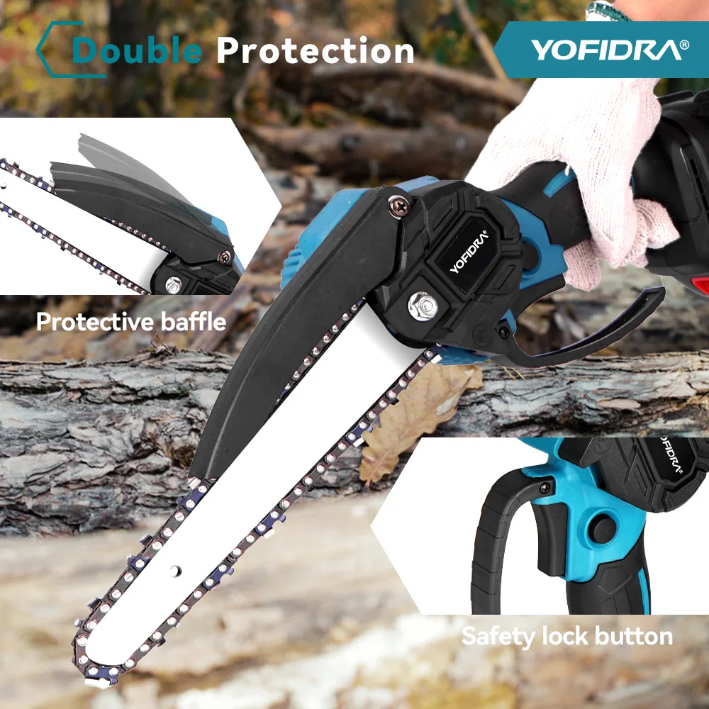 YOFIDRA 3000W 8Inch Brushless ChainSaw Handheld Cordless Pruning Cutting Chain Saw WoodWooking Power Tool For Makita Battery Pin — view 5