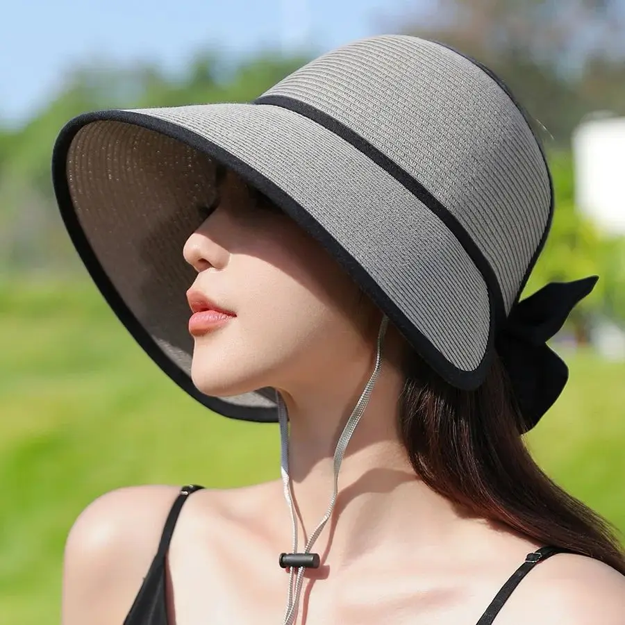 Korean Summer Large Brim Hollow Top Hat Fashion Bow Shading Straw Hat Casual Simple Sun Women Woven