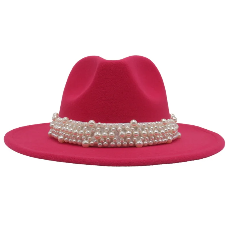 

New Pearl Accessories Top Hat British Style Wide Brim Faux Wool Fedora Hats Men Panama Felt Cap Women Luxury Church Party Hat