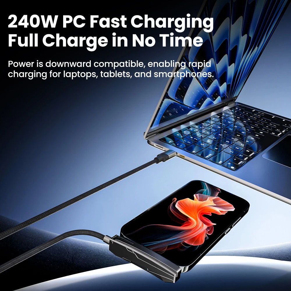 2-in-1 USB + 타입 C 240W 고속 충전 케이블 (접이식 홀더 포함) 타입-C 퀵차지 라인 USB 휴대폰 거치대 충전 케이블