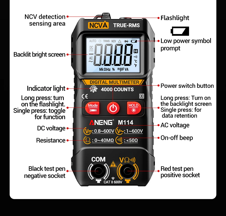Digitales Multimeter ANENG M114 4000 Messungen AC-Spannungstester Intelligentes Strommessgerät Auto NCV Widerstandsmessung mit Signalton Amperemeter Testwerkzeug – Detail 15