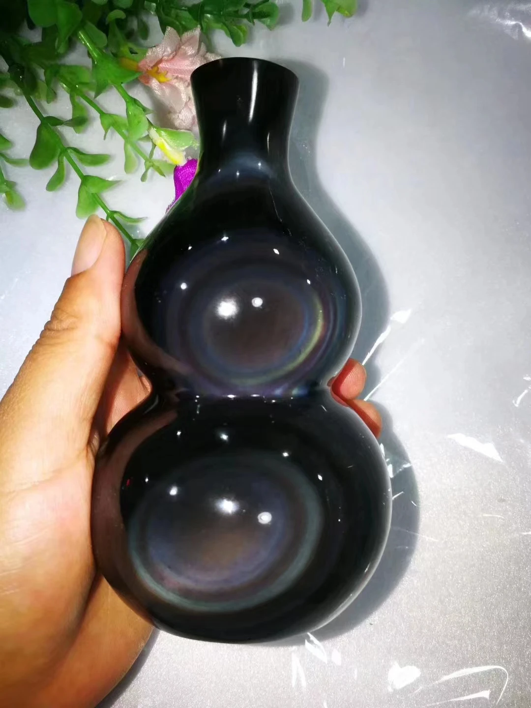 

12.5-13cm Natural rainbow obsidian quartz crystal stone beautiful rainbow obsidian crystal gourd gourd Healing Stone +bracket