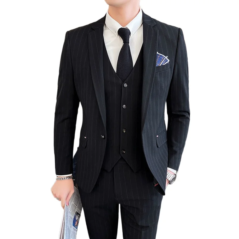 2024 Groom Wedding High-grade Suit (suit + Vest + Trousers) Winter Stripes Business Fashion Handsome Casual Suit Three-piece Set 5