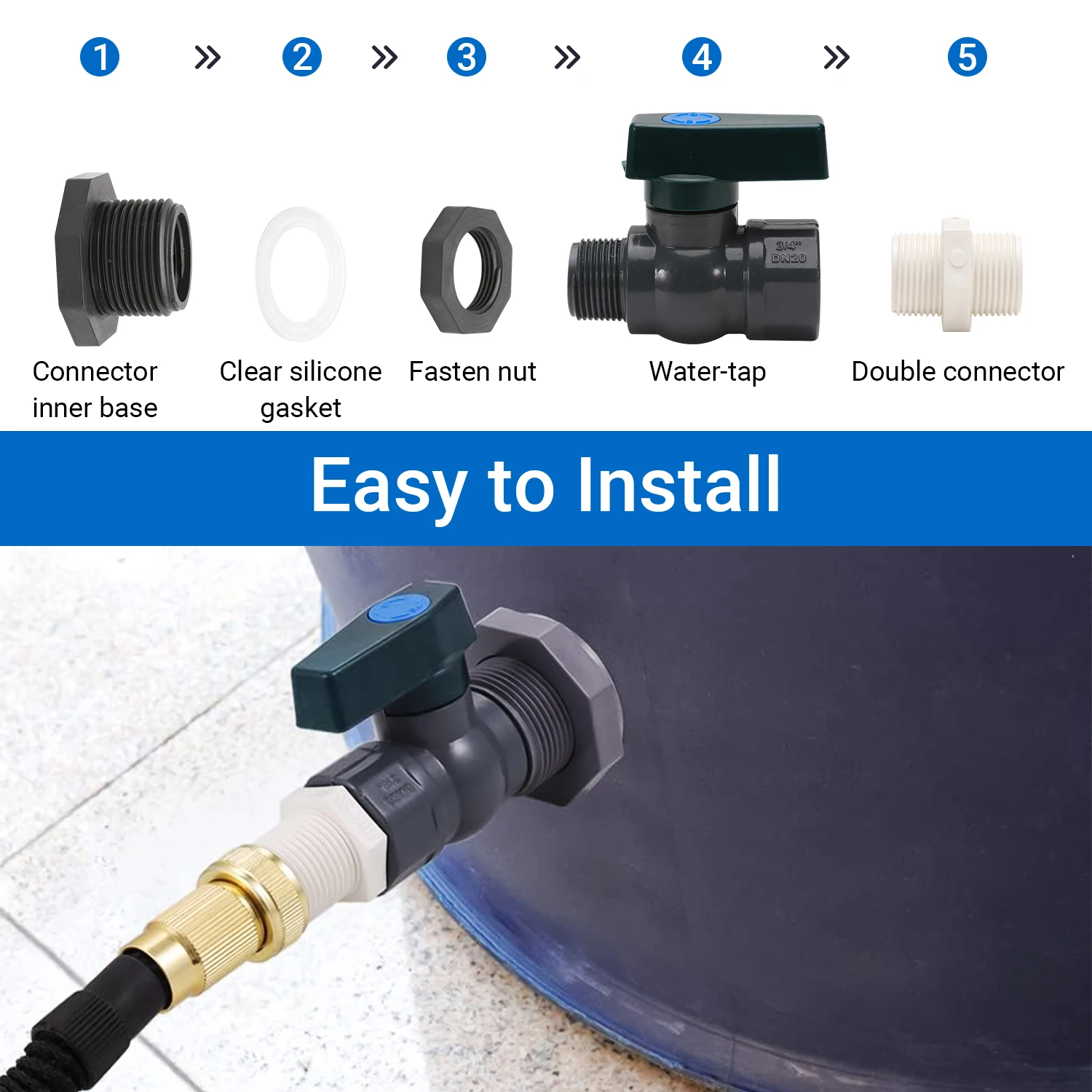 PVC Rain Barrel Diverter Kit 3/4 Inch Rain Barrel Valve Spigot Kit with Bulkhead Fitting Adapter tank tap connector tank tap adapter water faucet adapter garden hose adapter hose tap adapter tank fitting connector plastic pipe connector water pipe connector pipe connector water pipe fitting irrigation pipe fitting garden water connector faucet adapter garden faucet adapter faucet quick connector