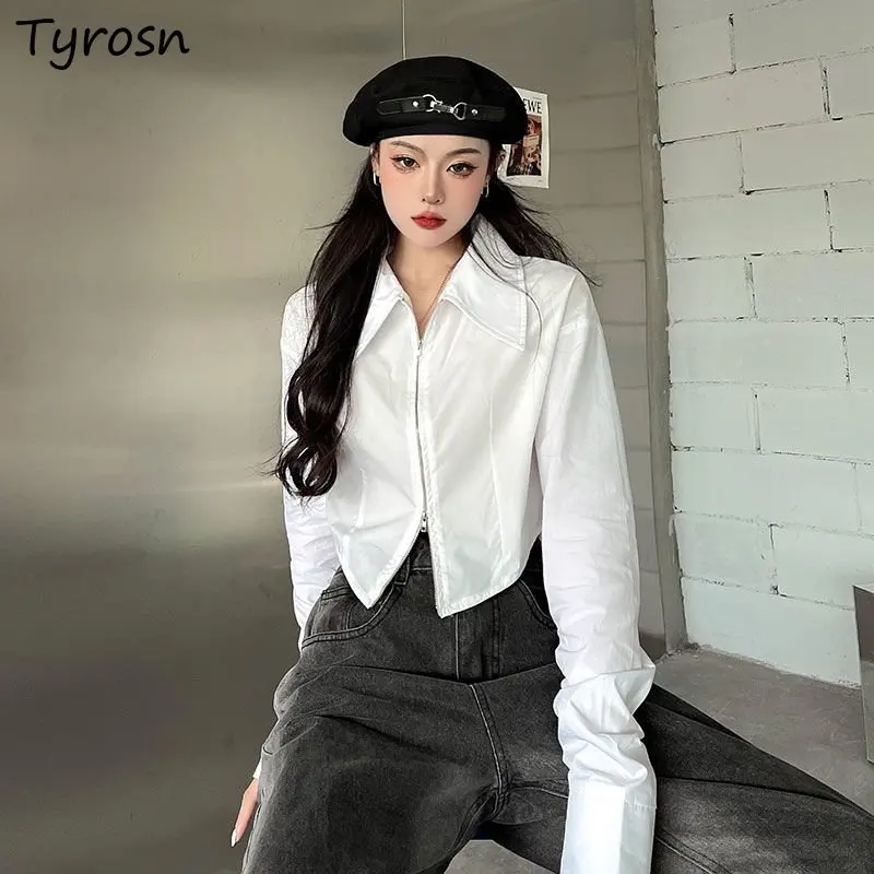 

Женские рубашки простой однотонный элегантный дизайн подходящий ко всему пикантный укороченный модный осенний женский топ в Корейском стиле с отложным воротником для отдыха