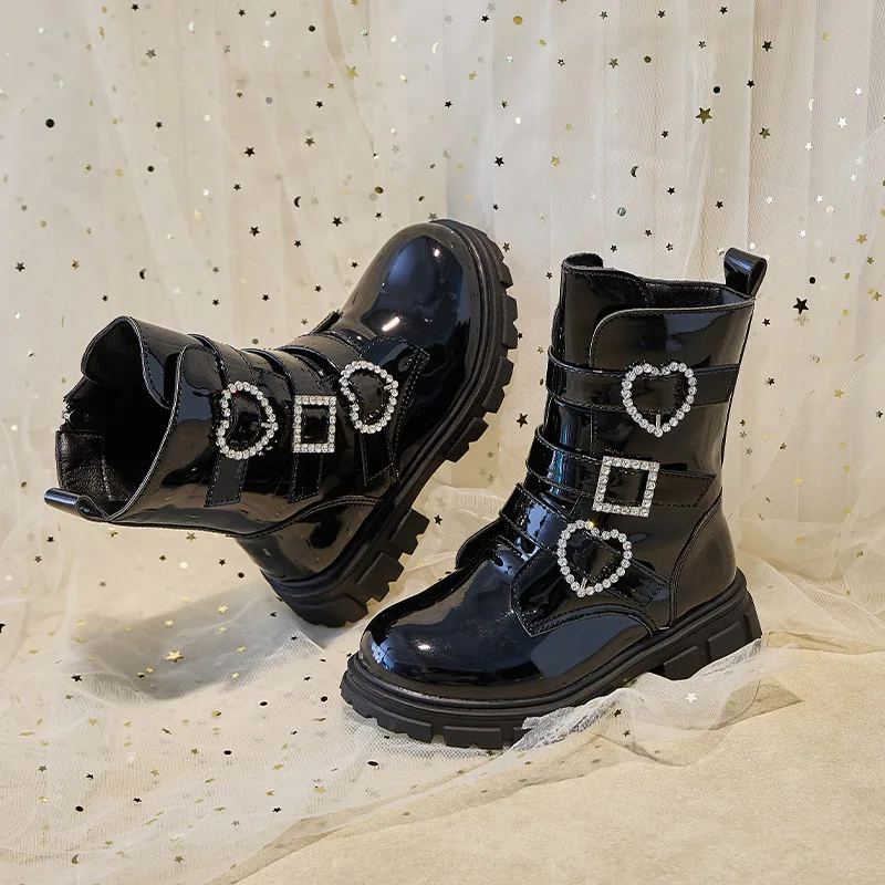Kids'Boots 솔리드 컬러 PU 가죽 버클 패션 가을 신발 소녀용 미끄럼 방지 통기성 블랙 화이트 신발 사이즈 27-37
