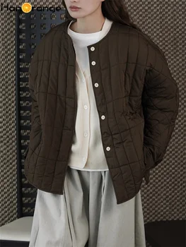 HanOrange 2025 Winter Simple Stitch Single Breasted Cotton-padded Jacket Women Loose Warm Silhouette Casual Parkas White/Coffee