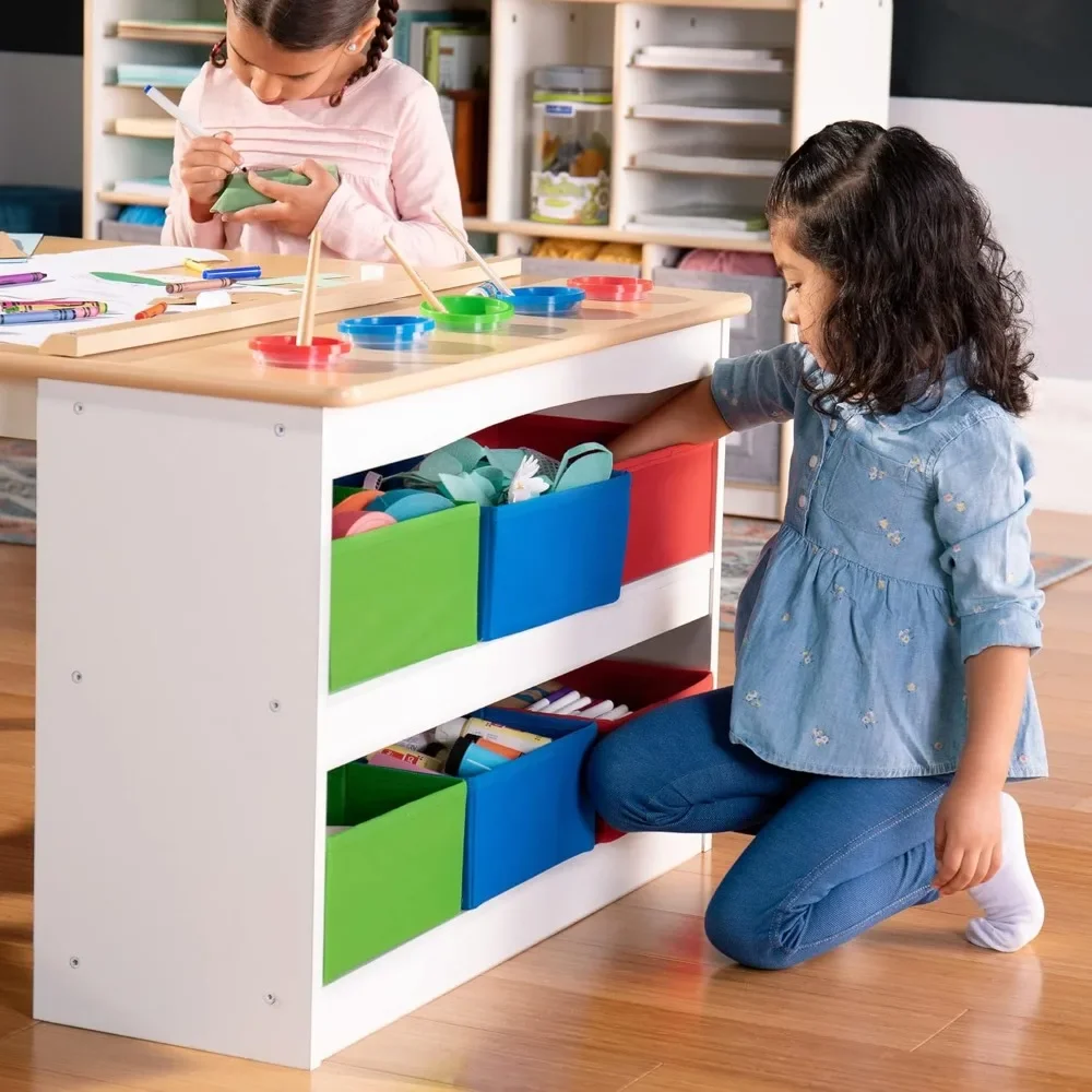 Arts and Crafts Center: Kids Activity Table and Drawing Desk with Stools, Storage Canvas Bins, Paper Roller, Paint Cups