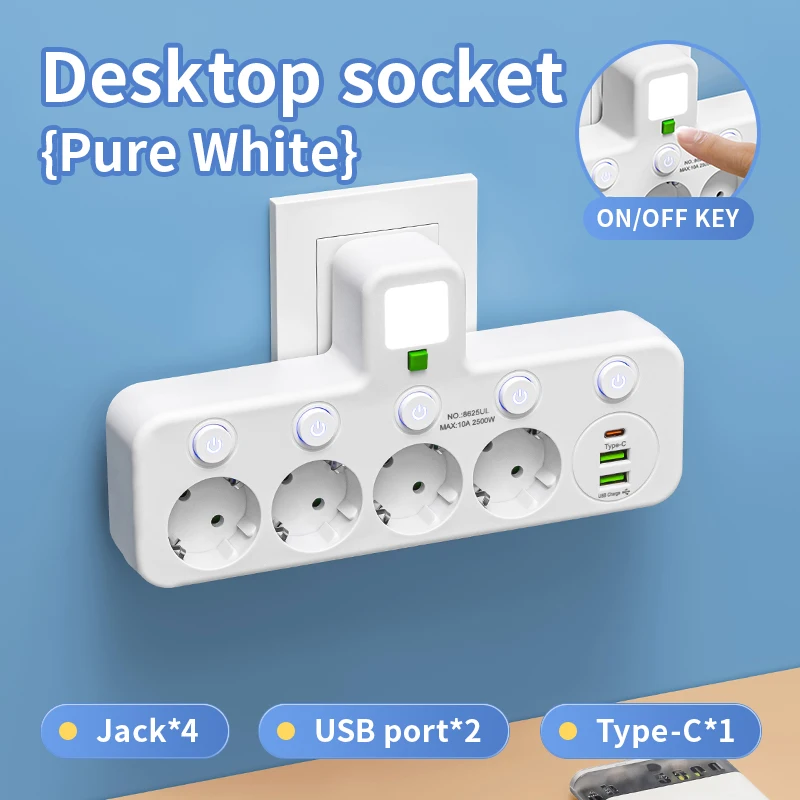 ตัวเลือกสินค้า ปลั๊กพ่วง EU 4 ช่อง 2 USB 1 Type-C สวิตช์แยก ไฟกลางคืน