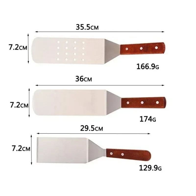 Stainless Steel Square Head Steak Cooking Spatula Wood Handle Pizza Shovel Pancake Beef Turner Scraper BBQ Utensils For Kitchen