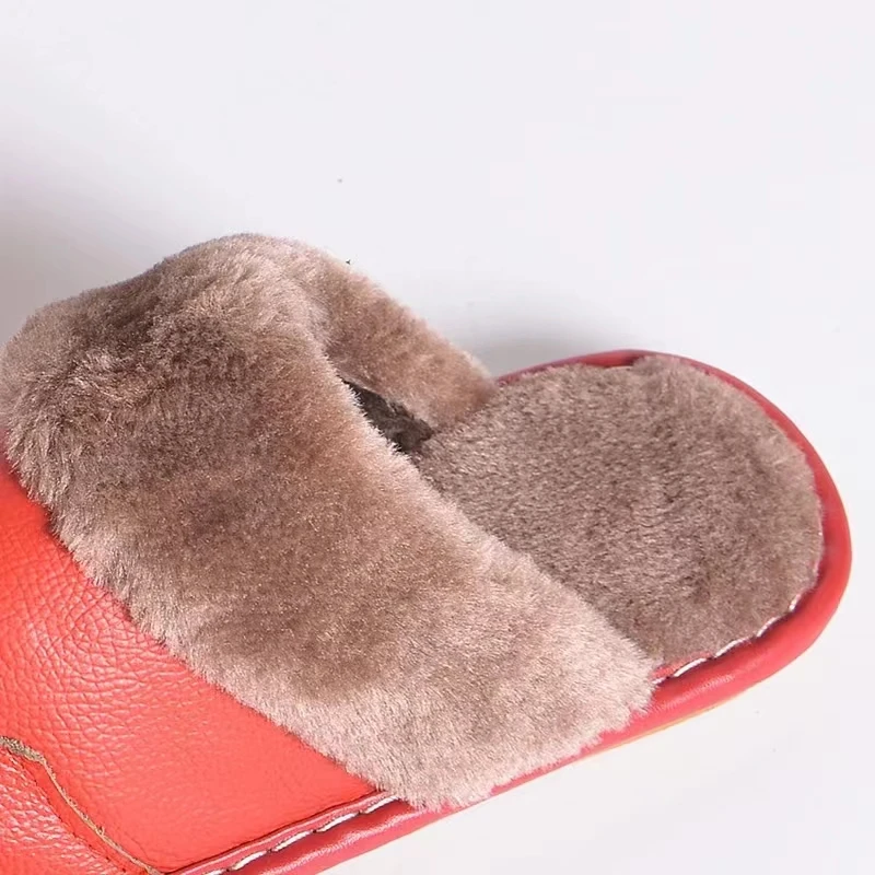Autumn Winter New Thick Leather Cover Toe Warm Breathable Woman Couple Household Indoor Non-slip Waterproof Cotton Slippers Man 5