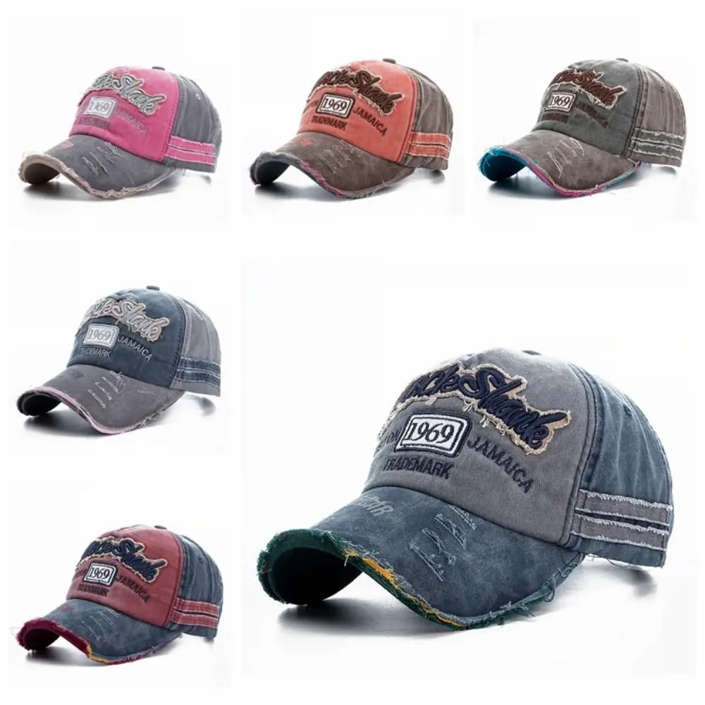 Fashion Washed Denim Letters Baseball Cap 1969 Letter Patchwork Hip Hop Hats Dad Cap Casual Snapback Hat Summer Autumn