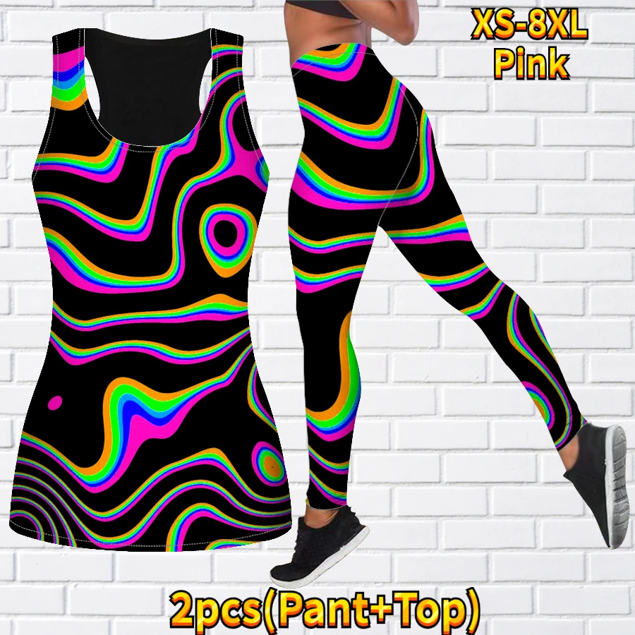 Yoga Fitness Rainbow Wave Print Set Women\'s Sports Tights Sports Underwear Set High Waist Pants Women\'s Sports Wear XS-8XL